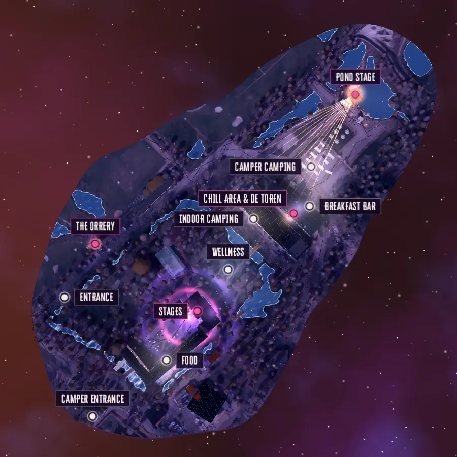 Hetzelfde terrein van bovenaf in de game, met labels voor de podia, campings, eten en de ingang.