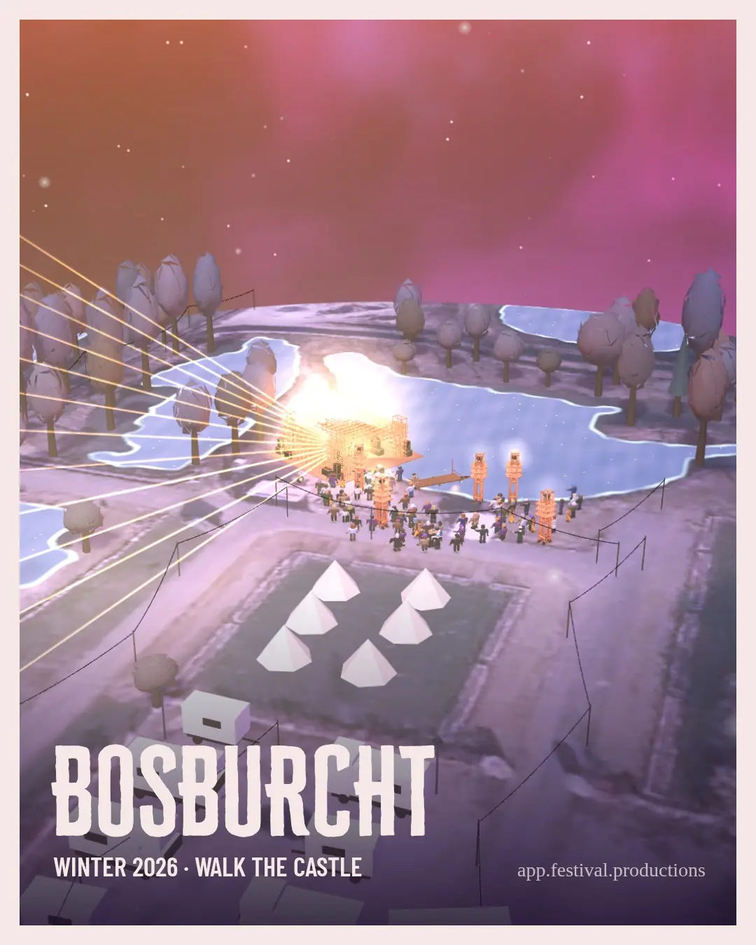 Een staande foto uit de game van het Pond stage met BOSBURCHT in grote letters onderaan.